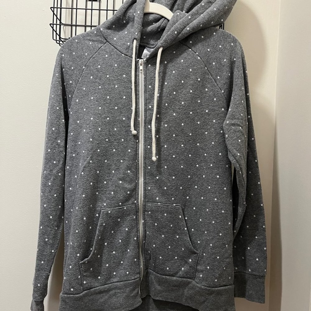 ALTERNATIVE Womens Size Large Hoodie Gray Cream Polka Dot Full Zip Sweatshirt